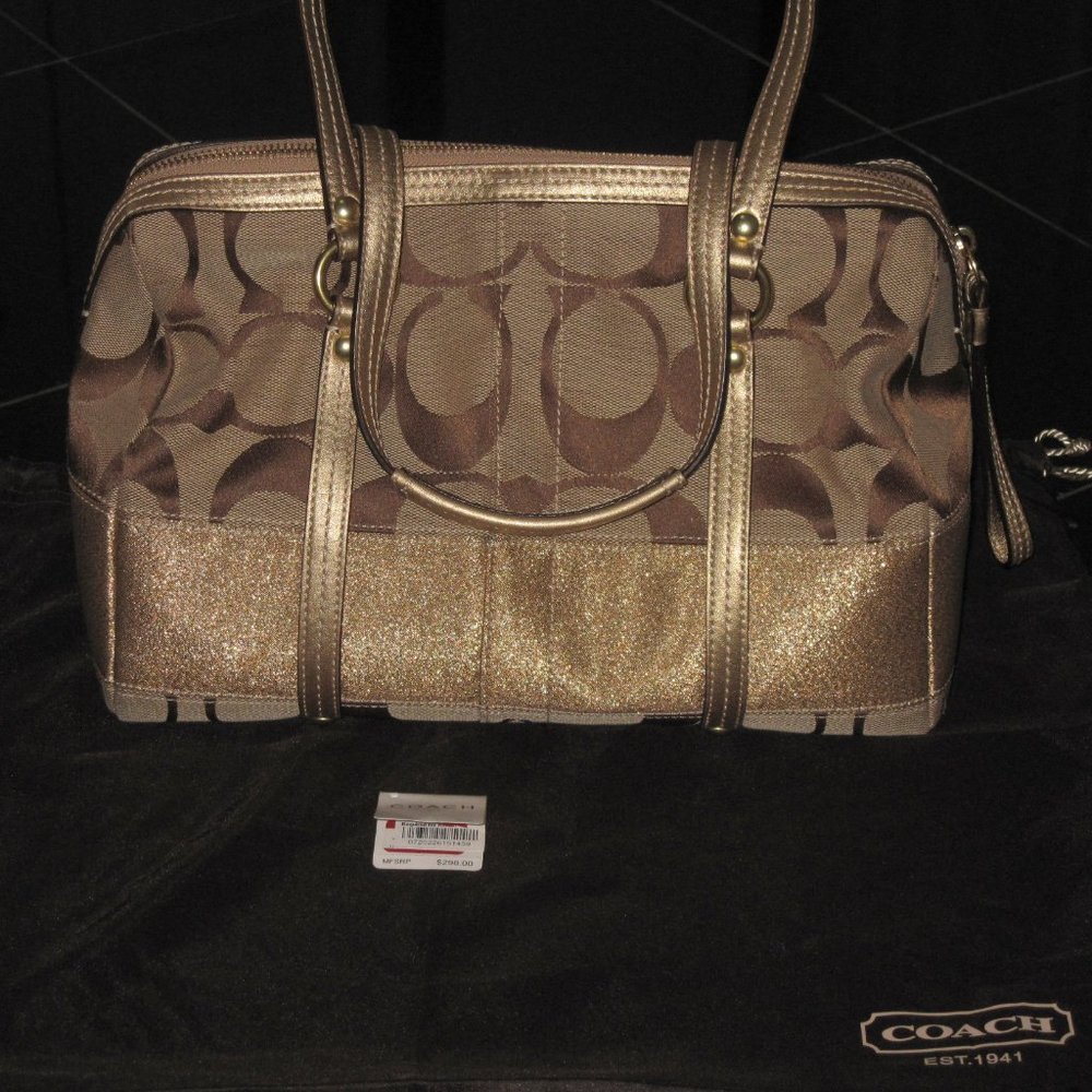 STUNNING VINTAGE PRISTINE METALLIC COACH KHAKI SIGNATURE GOLD SATCHEL HANDBAG - Picture 2 of 13